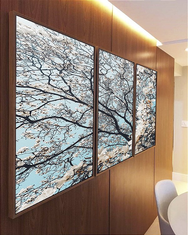 Trio de Quadros Árvore Flores Brancas Céu Azul Claro Natureza Paisagem Canvas Moldura
