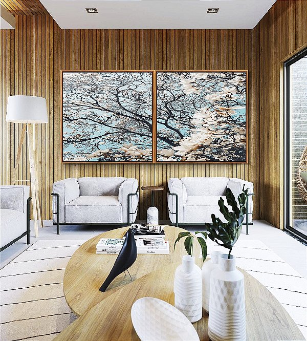 Duo de Quadros Quadrados Árvore Flores Brancas Céu Azul Claro Natureza Paisagem Canvas Moldura