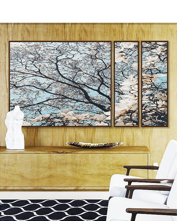 Trio de Quadros Estilizados Árvore Flores Brancas Céu Azul Claro Natureza Paisagem Canvas Moldura