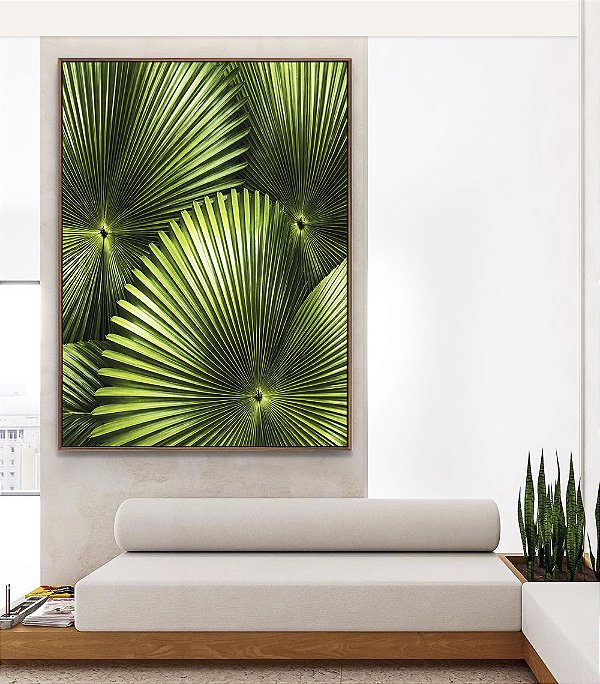 Quadro Vertical Planta Palmeira-Leque Verde Folhagem Natureza Canvas Moldura