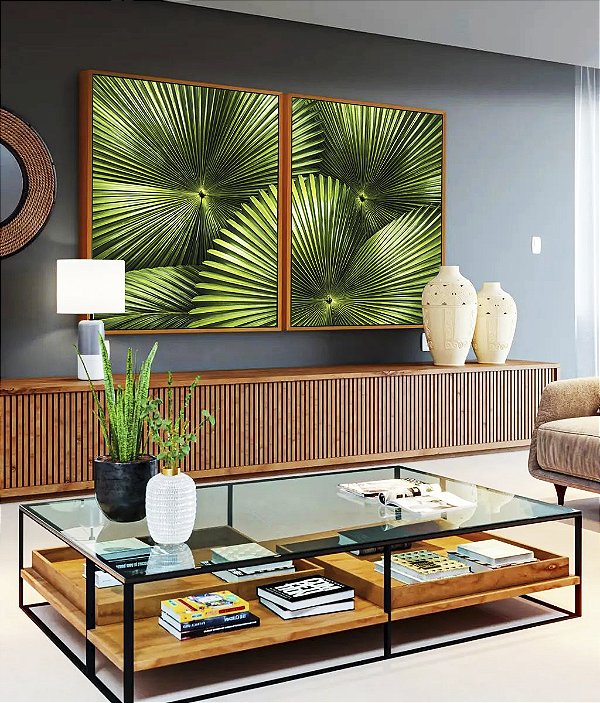 Duo de Quadros Planta Palmeira-Leque Verde Folhagem Natureza Canvas Moldura