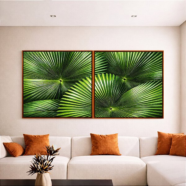 Duo de Quadros Quadrados Planta Palmeira-Leque Verde Folhagem Natureza Canvas Moldura