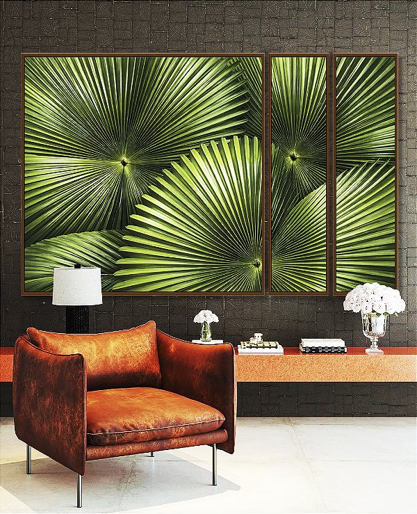 Trio de Quadros Estilizados Planta Palmeira-Leque Verde Folhagem Natureza Canvas Moldura