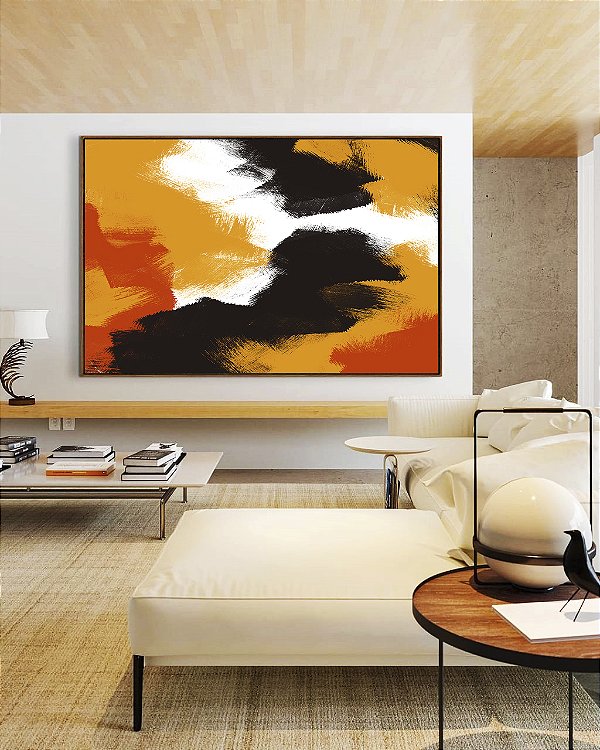 Quadro Horizontal Abstrato Amarelo Laranja Abóbora Preto Efeito Pintura Canvas Moldura