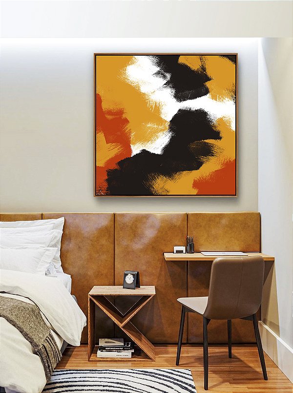 Quadro Quadrado Abstrato Amarelo Laranja Abóbora Preto Efeito Pintura Canvas Moldura