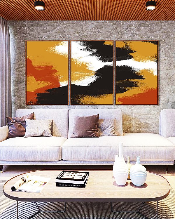 Trio de Quadros Abstrato Amarelo Laranja Abóbora Preto Efeito Pintura Canvas Moldura