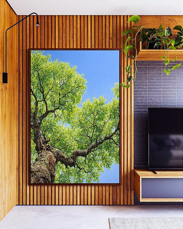 Quadro Vertical Céu Azul Vivo Copa de Árvore Folhas Verdes Paisagem Natureza Canvas Moldura