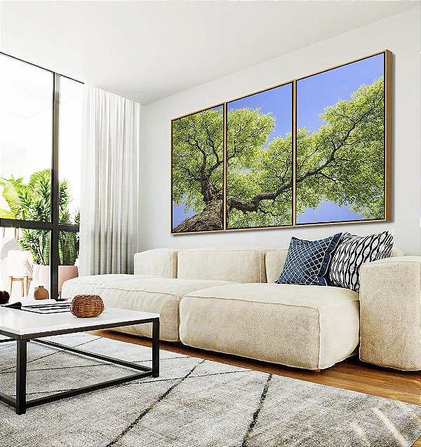 Trio de Quadros Céu Azul Vivo Copa de Árvore Folhas Verdes Paisagem Natureza Canvas Moldura
