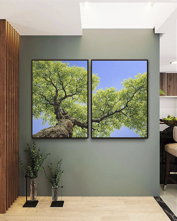 Duo de Quadros Céu Azul Vivo Copa de Árvore Folhas Verdes Paisagem Natureza Canvas Moldura