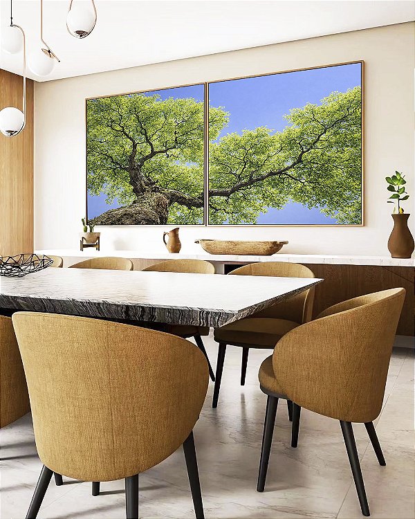 Duo de Quadros Quadrados Céu Azul Vivo Copa de Árvore Folhas Verdes Paisagem Canvas Moldura