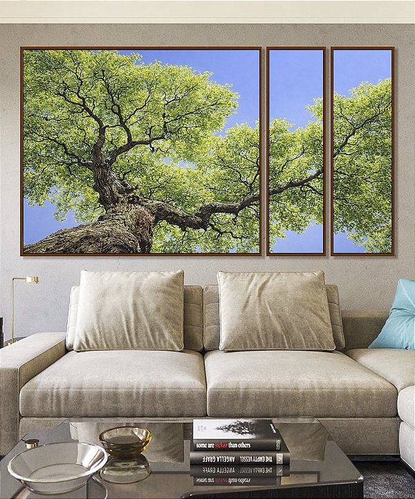 Trio de Quadros Estilizados Céu Azul Vivo Copa de Árvore Folhas Verdes Paisagem Canvas Moldura