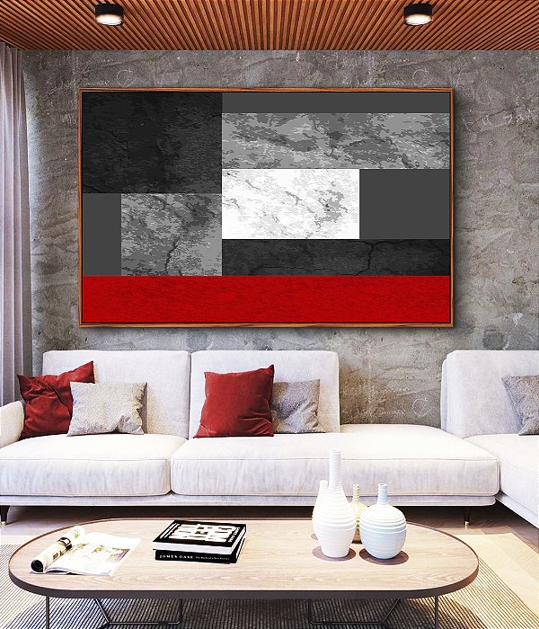 Quadro Horizontal Abstrato Cinza Concreto Vermelho Geométrico Minimalista Canvas Moldura