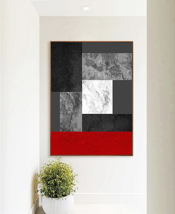 Quadro Vertical Abstrato Cinza Concreto Vermelho Geométrico Minimalista Canvas Moldura