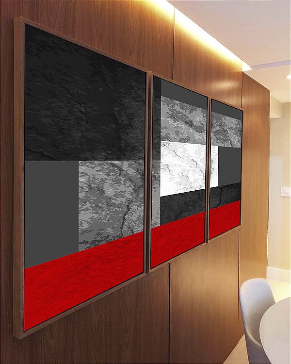 Trio de Quadros Abstrato Cinza Concreto Vermelho Geométrico Minimalista Canvas Moldura