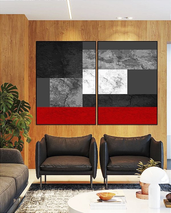 Duo de Quadros Abstrato Cinza Concreto Vermelho Geométrico Minimalista Canvas Moldura