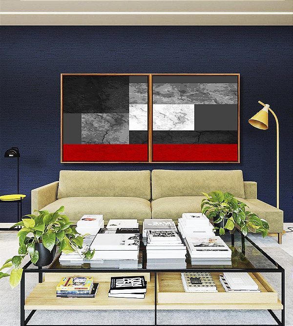 Duo de Quadros Quadrados Abstrato Cinza Concreto Vermelho Geométrico Minimalista Canvas Moldura