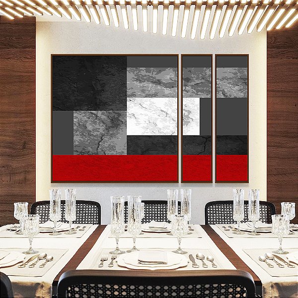 Trio de Quadros Estilizados Abstrato Cinza Concreto Vermelho Geométrico Minimalista Canvas Moldura