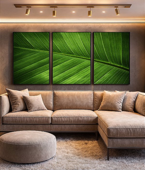 Trio de Quadros Folha Verde Intenso Textura Natureza Paisagem Canvas Moldura