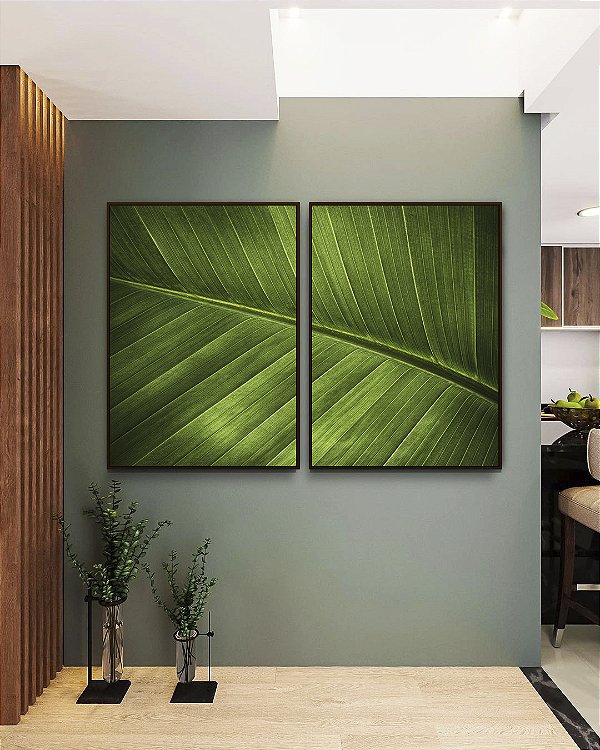 Duo de Quadros Folha Verde Intenso Textura Natureza Paisagem Canvas Moldura