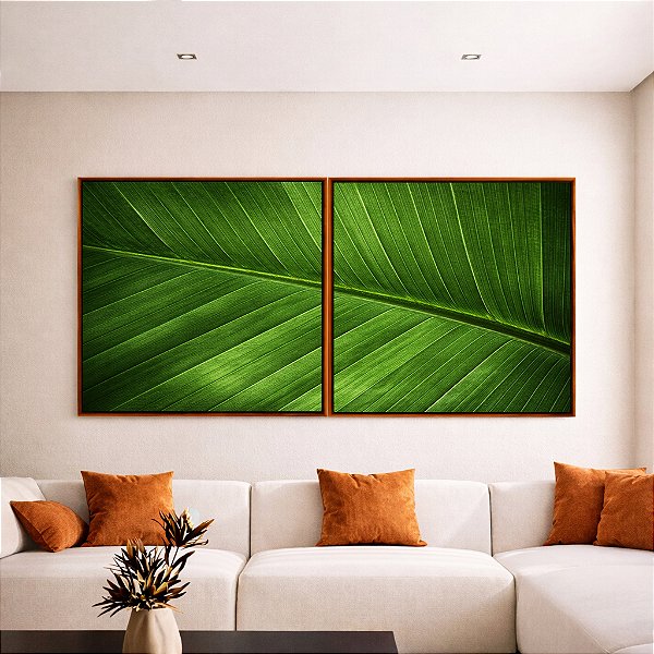 Duo de Quadros Quadrados Folha Verde Intenso Textura Natureza Paisagem Canvas Moldura