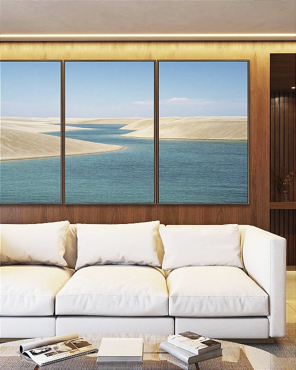 Trio de Quadros Dunas Praia Mar Água Turquesa Céu Azul Claro Natureza Canvas Moldura