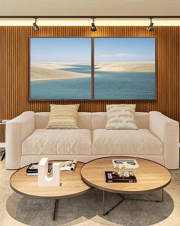 Duo de Quadros Quadrados Dunas Praia Mar Água Turquesa Céu Azul Claro Natureza Canvas Moldura