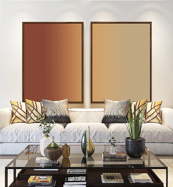 Duo de Quadros Abstrato Degrade Areia Cobre Terracota Canvas Moldura