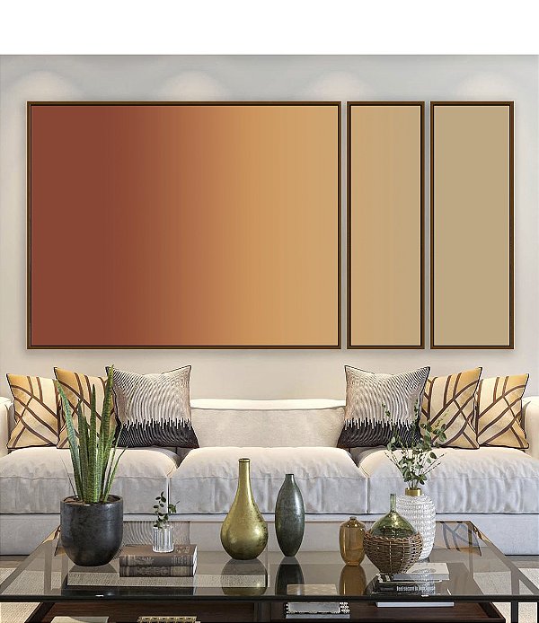 Trio de Quadros Estilizados Abstrato Degrade Areia Cobre Terracota Canvas Moldura