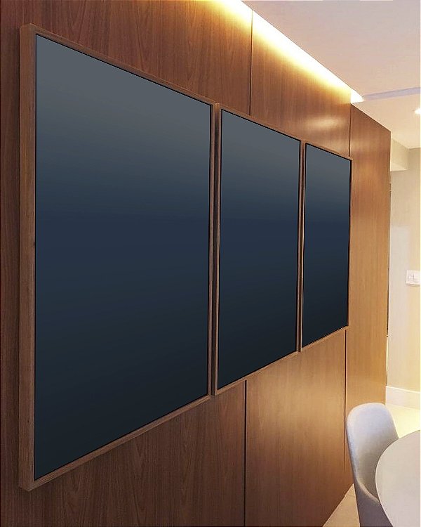 Trio de Quadros Abstrato Degradê Azul Marinho Escuro Canvas Moldura