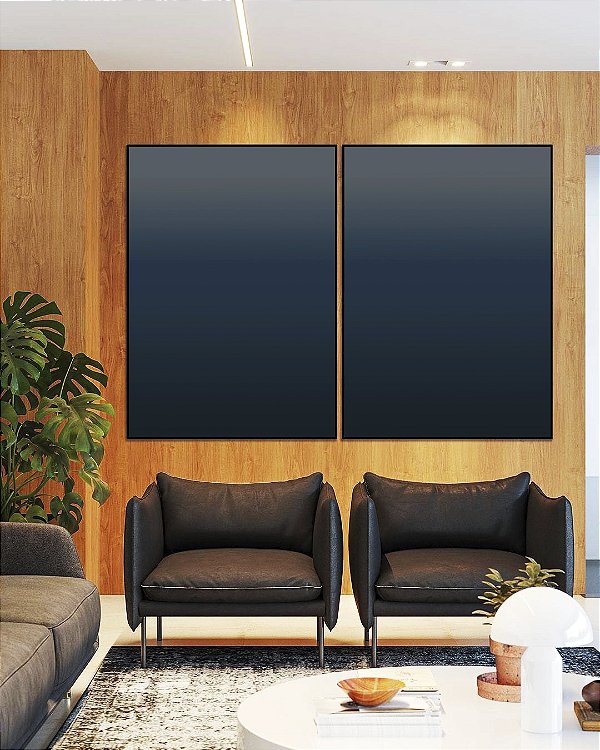 Duo de Quadros Abstrato Degradê Azul Marinho Escuro Canvas Moldura