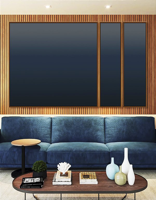 Trio de Quadros Estilizados Abstrato Degradê Azul Marinho Escuro Canvas Moldura