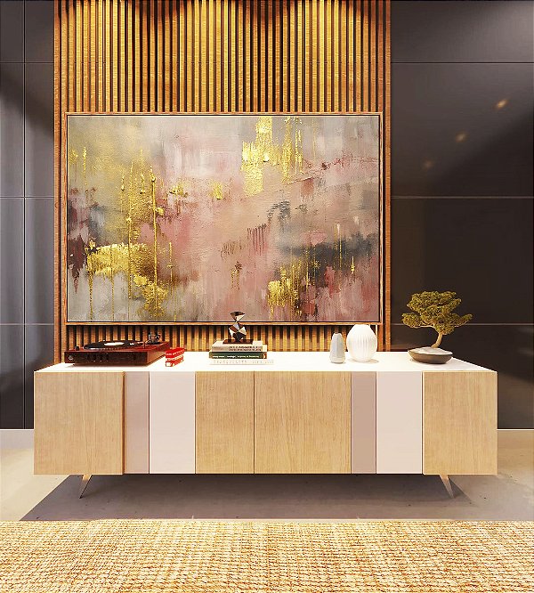 Quadro Horizontal Abstrato Rosa Dourado Cinza Efeito Pintura Canvas Moldura