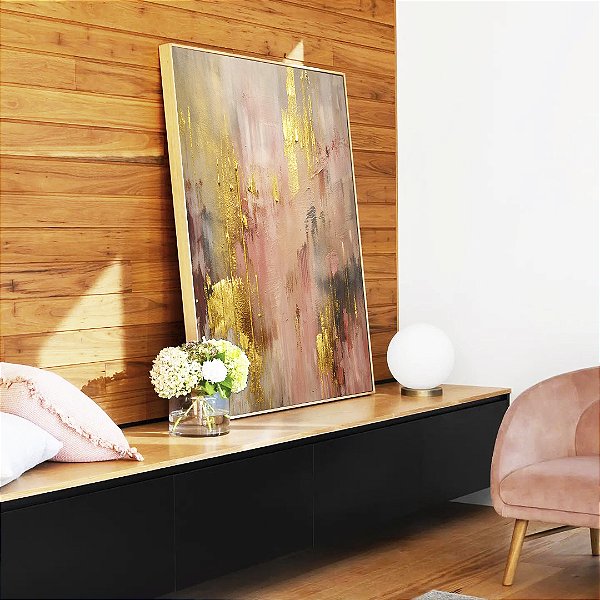 Quadro Vertical Abstrato Rosa Dourado Cinza Efeito Pintura Canvas Moldura