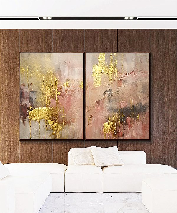 Duo de Quadros Abstrato Rosa Dourado Cinza Efeito Pintura Canvas Moldura