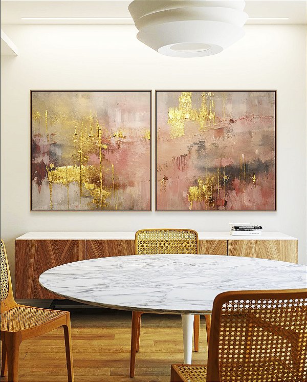 Duo de Quadros Quadrados Abstrato Rosa Dourado Cinza Efeito Pintura Canvas Moldura