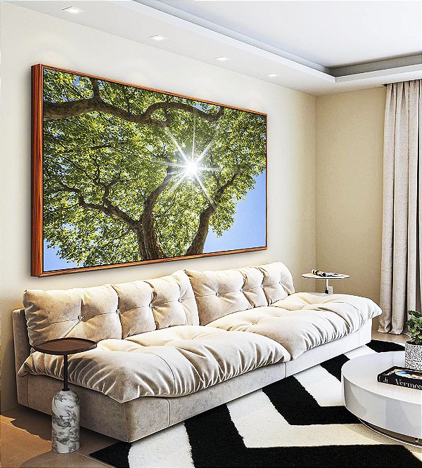 Quadro Horizontal Natureza Folhas Verdes Árvore Céu Azul Sol Canvas Moldura