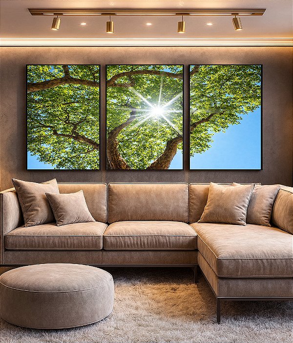 Trio de Quadros Natureza Folhas Verdes Árvore Céu Azul Sol Canvas Moldura