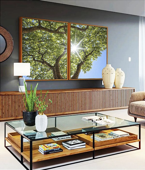 Duo de Quadros Natureza Folhas Verdes Árvore Céu Azul Sol Canvas Moldura