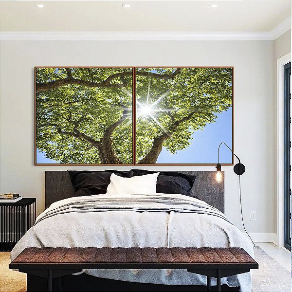 Duo de Quadros Quadrados Natureza Folhas Verdes Árvore Céu Azul Sol Canvas Moldura
