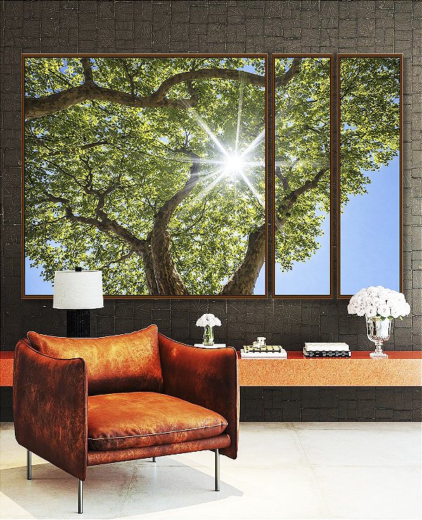Trio de Quadros Estilizados Natureza Folhas Verdes Árvore Céu Azul Sol Canvas Moldura