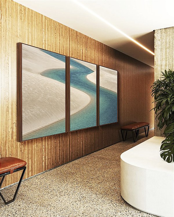 Trio de Quadros Mar Azul Dunas de Areia Branca Natureza Canvas Moldura