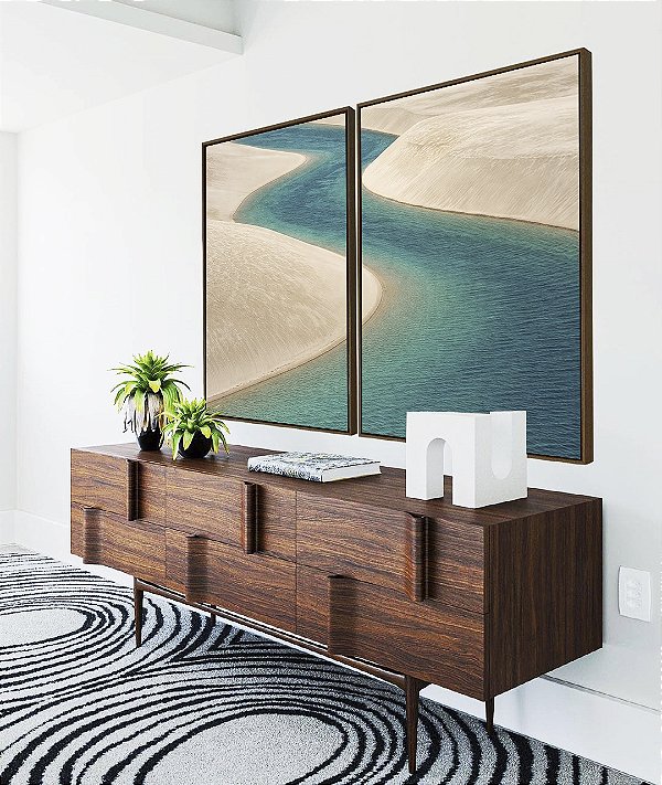 Duo de Quadros Mar Azul Dunas de Areia Branca Natureza Canvas Moldura