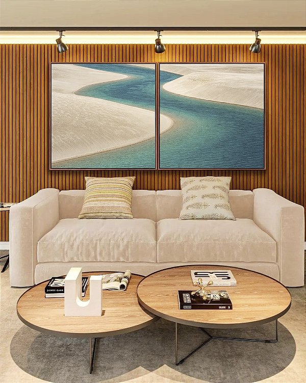 Duo de Quadros Quadrados Mar Azul Dunas de Areia Branca Natureza Canvas Moldura