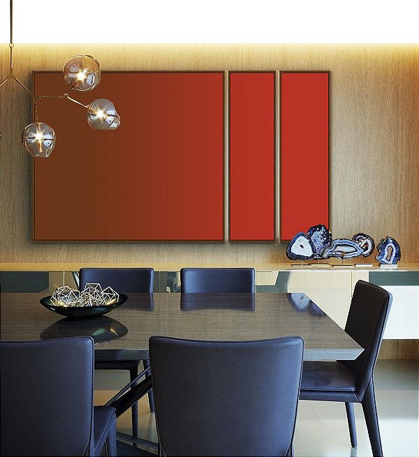 Trio de Quadros Estilizados Abstrato Degradê Bordo Vermelho Vivo Canvas Moldura