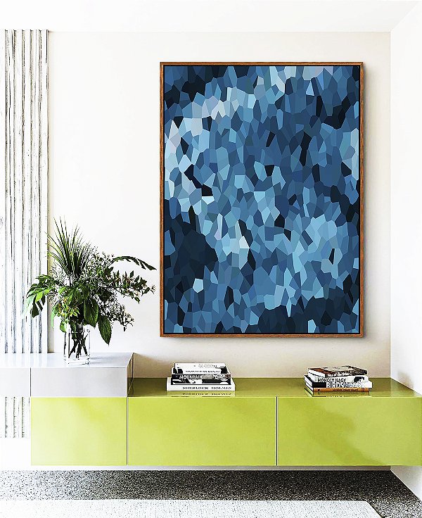 Quadro Vertical Abstrato Mosaico Azul Marinho Claro Canvas Moldura