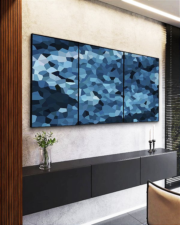 Trio de Quadros Abstrato Mosaico Azul Marinho Claro Canvas Moldura