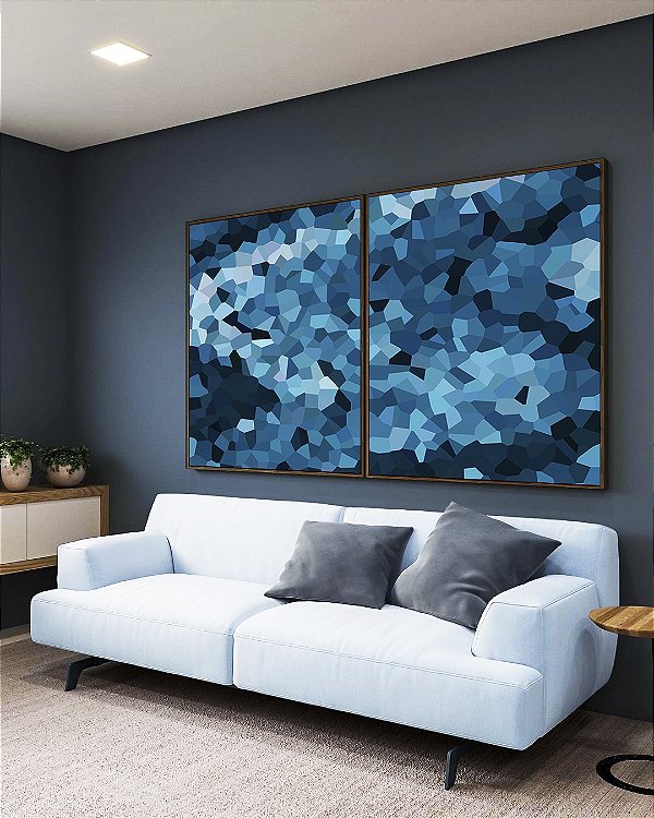Duo de Quadros Abstrato Mosaico Azul Marinho Claro Canvas Moldura