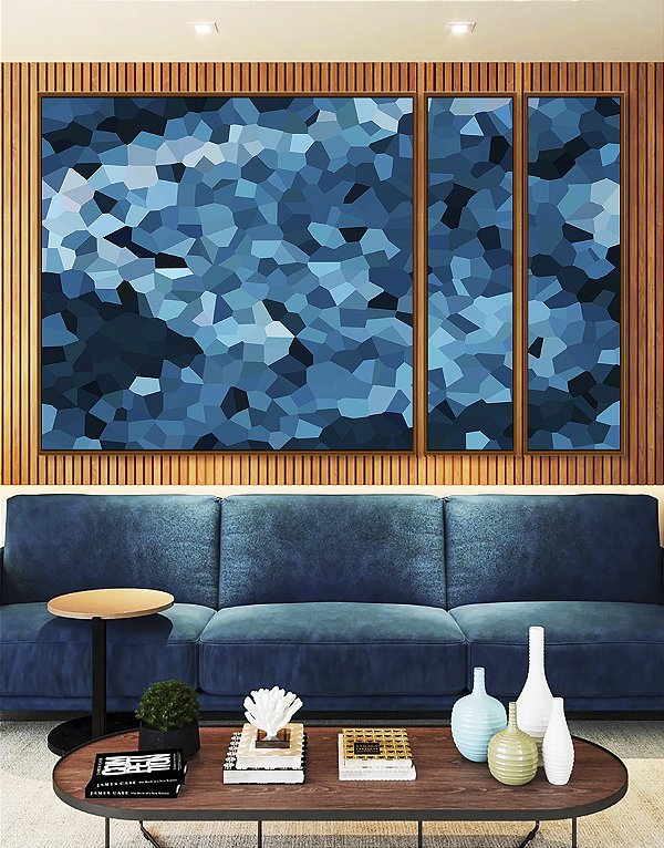 Trio de Quadros Estilizados Abstrato Mosaico Azul Marinho Claro Canvas Moldura