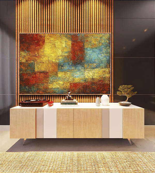 Quadro Horizontal Abstrato Textura Amarelo Laranja Turquesa Canvas Moldura