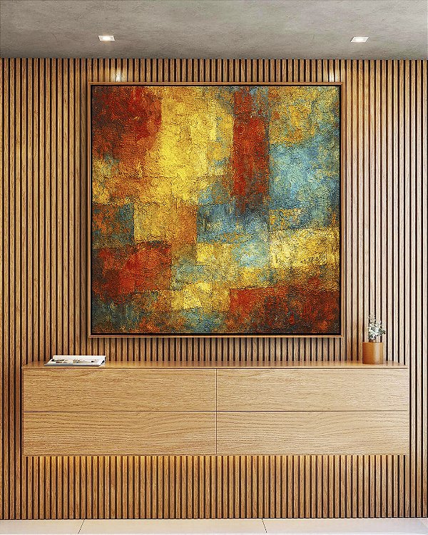 Quadro Quadrado Abstrato Textura Amarelo Laranja Turquesa Canvas Moldura